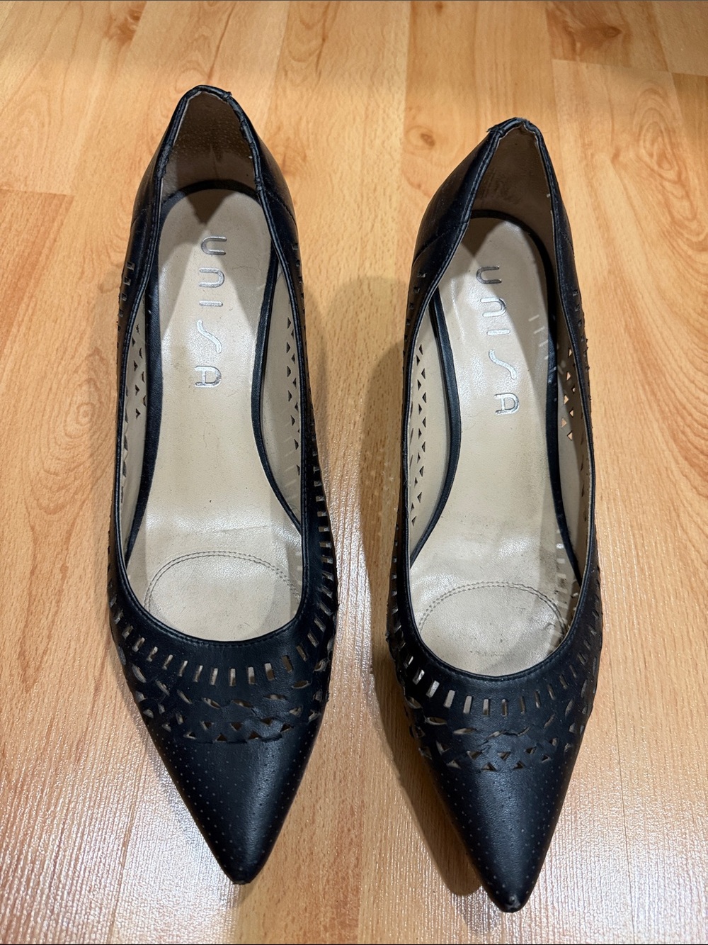 Unisa Black Pointed Toe Laser-Cut Pumps